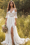 Ivory V Neck Lace Sweep Train Boho Wedding Dress with Slit