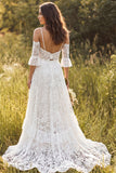 Ivory V Neck Lace Sweep Train Boho Wedding Dress with Slit