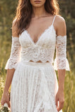 Ivory V Neck Lace Sweep Train Boho Wedding Dress with Slit