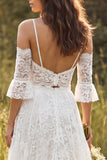 Ivory V Neck Lace Sweep Train Boho Wedding Dress with Slit