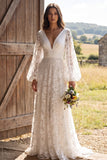 Ivory V Neck Puff Sleeves Floral Sweep Train A Line Boho Wedding Dress