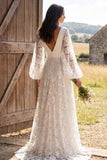 Ivory V Neck Puff Sleeves Floral Sweep Train A Line Boho Wedding Dress
