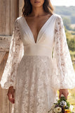 Ivory V Neck Puff Sleeves Floral Sweep Train A Line Boho Wedding Dress