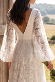 Ivory V Neck Puff Sleeves Floral Sweep Train A Line Boho Wedding Dress