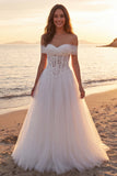 A-Line Ivory Corset Tulle Sweep Train Off the Shoulder Beach Wedding Dress
