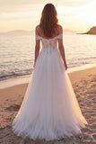 A-Line Ivory Corset Tulle Sweep Train Off the Shoulder Beach Wedding Dress
