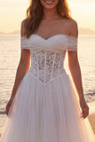 A-Line Ivory Corset Tulle Sweep Train Off the Shoulder Beach Wedding Dress