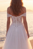 A-Line Ivory Corset Tulle Sweep Train Off the Shoulder Beach Wedding Dress