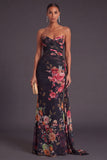 Black Floral Strapless Ruched Mermaid Long Formal Dress with Side Cape