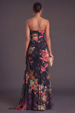 Black Floral Strapless Ruched Mermaid Long Formal Dress with Side Cape