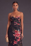 Black Floral Strapless Ruched Mermaid Long Formal Dress with Side Cape