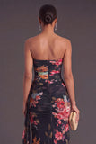 Black Floral Strapless Ruched Mermaid Long Formal Dress with Side Cape