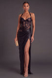 Blue Metallic Corset Halter Long Ruched Formal Dress with Slit