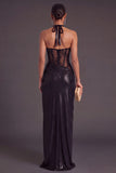 Blue Metallic Corset Halter Long Ruched Formal Dress with Slit