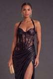 Blue Metallic Corset Halter Long Ruched Formal Dress with Slit