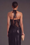 Blue Metallic Corset Halter Long Ruched Formal Dress with Slit