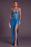 Blue Metallic Corset Halter Long Ruched Formal Dress with Slit