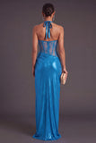 Blue Metallic Corset Halter Long Ruched Formal Dress with Slit