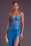 Blue Metallic Corset Halter Long Ruched Formal Dress with Slit