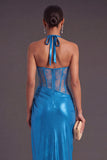 Blue Metallic Corset Halter Long Ruched Formal Dress with Slit