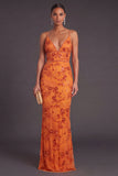 Sparkly Sequins Orange Floral Spaghetti Straps Long Formal Dress