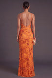 Sparkly Sequins Orange Floral Spaghetti Straps Long Formal Dress