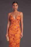 Sparkly Sequins Orange Floral Spaghetti Straps Long Formal Dress