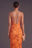 Sparkly Sequins Orange Floral Spaghetti Straps Long Formal Dress