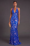 Royal Blue Floral Sparkly Sequins Halter Mermaid Long Formal Dress