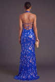Royal Blue Floral Sparkly Sequins Halter Mermaid Long Formal Dress