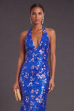 Royal Blue Floral Sparkly Sequins Halter Mermaid Long Formal Dress