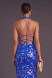 Royal Blue Floral Sparkly Sequins Halter Mermaid Long Formal Dress
