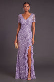 Sparkly Sequins Lilac Ruffled V-Neck Mermaid Long Formal Dress with Slit