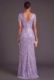 Sparkly Sequins Lilac Ruffled V-Neck Mermaid Long Formal Dress with Slit