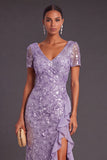 Sparkly Sequins Lilac Ruffled V-Neck Mermaid Long Formal Dress with Slit