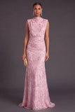 Sparkly Sequins Pink Floral Ruched Mermaid High Neck Long Formal Dress
