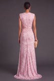 Sparkly Sequins Pink Floral Ruched Mermaid High Neck Long Formal Dress