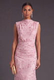 Sparkly Sequins Pink Floral Ruched Mermaid High Neck Long Formal Dress