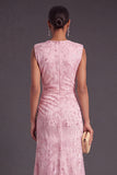 Sparkly Sequins Pink Floral Ruched Mermaid High Neck Long Formal Dress