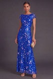 Sparkly Royal Blue Sequins Floral Boat Neck Mermaid Long Formal Dress