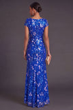 Sparkly Royal Blue Sequins Floral Boat Neck Mermaid Long Formal Dress