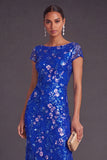 Sparkly Royal Blue Sequins Floral Boat Neck Mermaid Long Formal Dress
