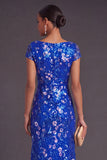 Sparkly Royal Blue Sequins Floral Boat Neck Mermaid Long Formal Dress