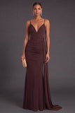 Brown Ruched Spaghetti Straps Mermaid Long Formal Dress with Cape