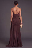 Brown Ruched Spaghetti Straps Mermaid Long Formal Dress with Cape