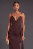 Brown Ruched Spaghetti Straps Mermaid Long Formal Dress with Cape