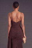 Brown Ruched Spaghetti Straps Mermaid Long Formal Dress with Cape