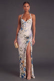 Ivory Floral Corset Halter Ruched Mermaid Long Formal Dress with Slit