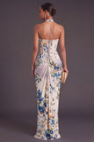 Ivory Floral Corset Halter Ruched Mermaid Long Formal Dress with Slit