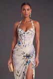 Ivory Floral Corset Halter Ruched Mermaid Long Formal Dress with Slit